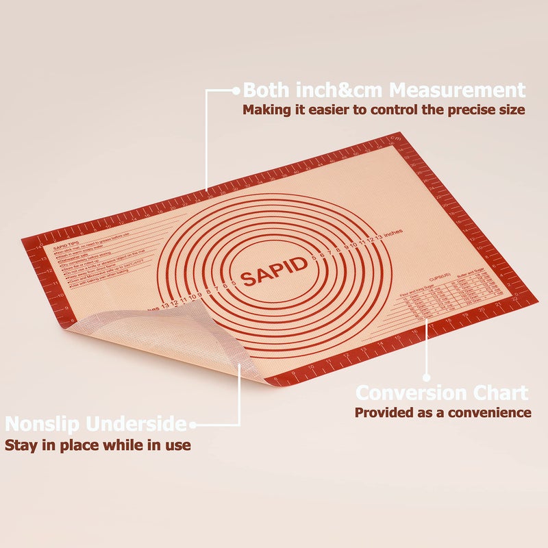 Sapid Extra Thick Silicone Pastry Mat Non-slip with Measurements for Non-stick Silicone Baking Mat Large, Dough Rolling, Pie Crust, Cookies, Kneading Mats, Countertop, Placement Mats (16" x 24", Red) - Image 3